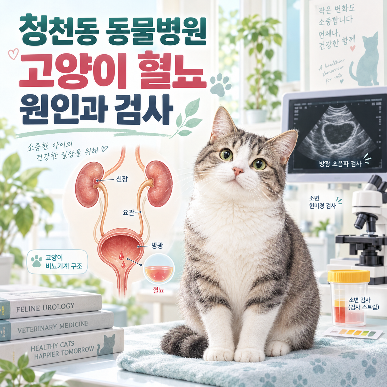 청천동 동물병원 고양이 혈뇨 원인과 소변검사를 설명하는 컬러 의학 일러스트