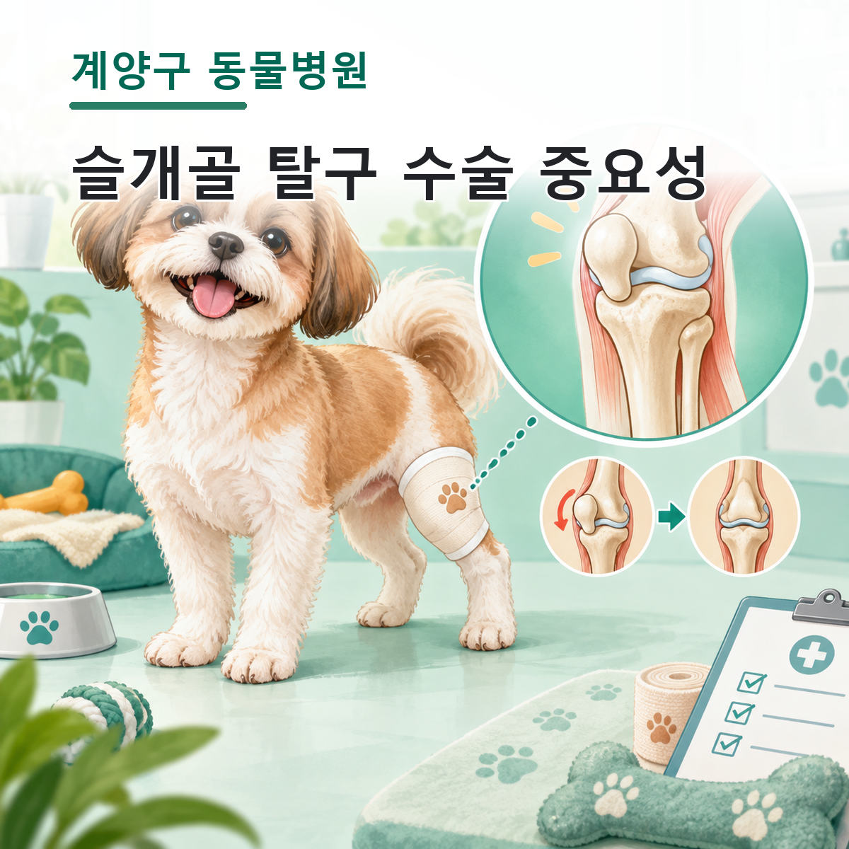 계양구 동물병원 강아지 슬개골 탈구 수술 중요성을 설명하는 컬러 의학 일러스트