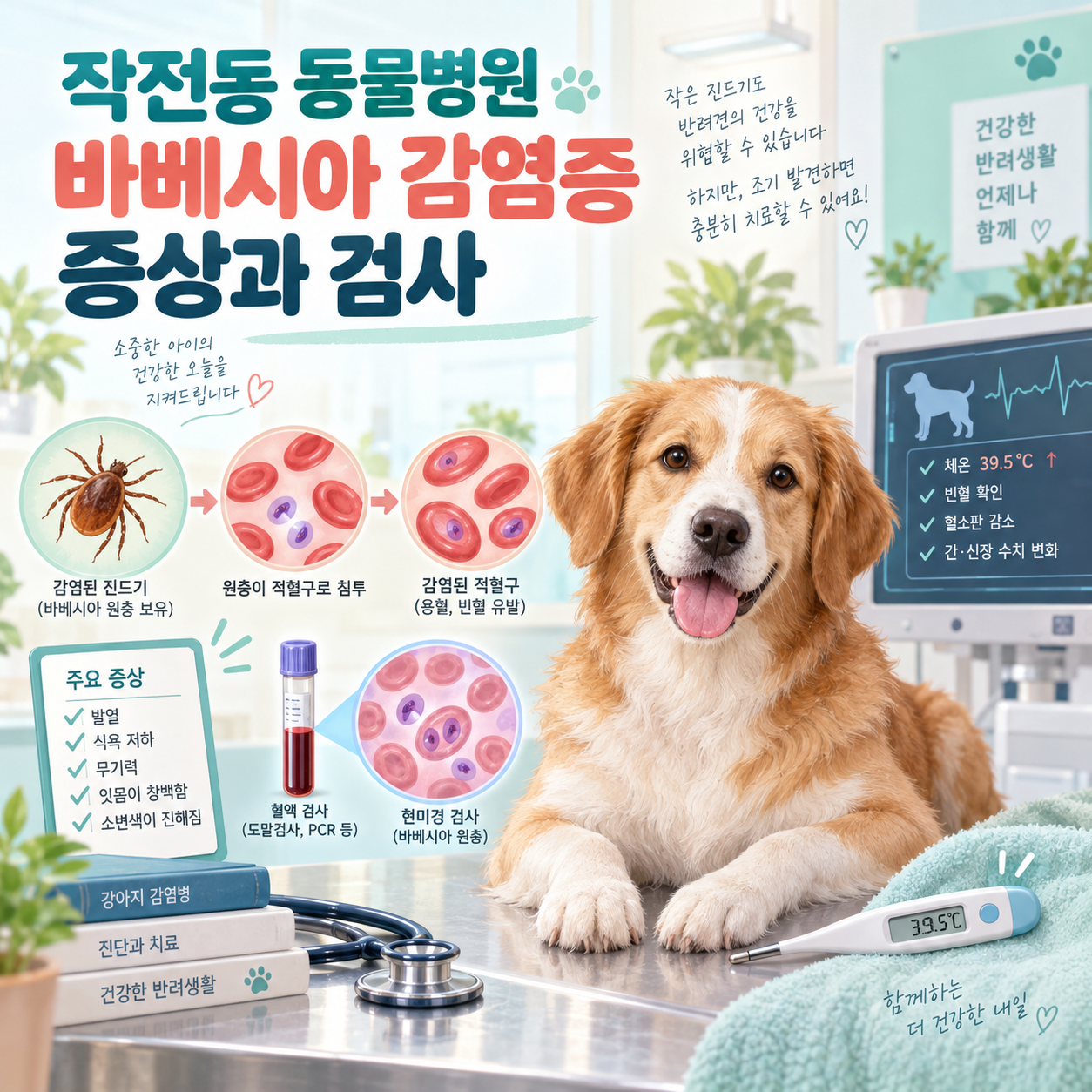 작전동 동물병원 강아지 바베시아 감염 경로와 혈액검사를 설명하는 컬러 의학 일러스트