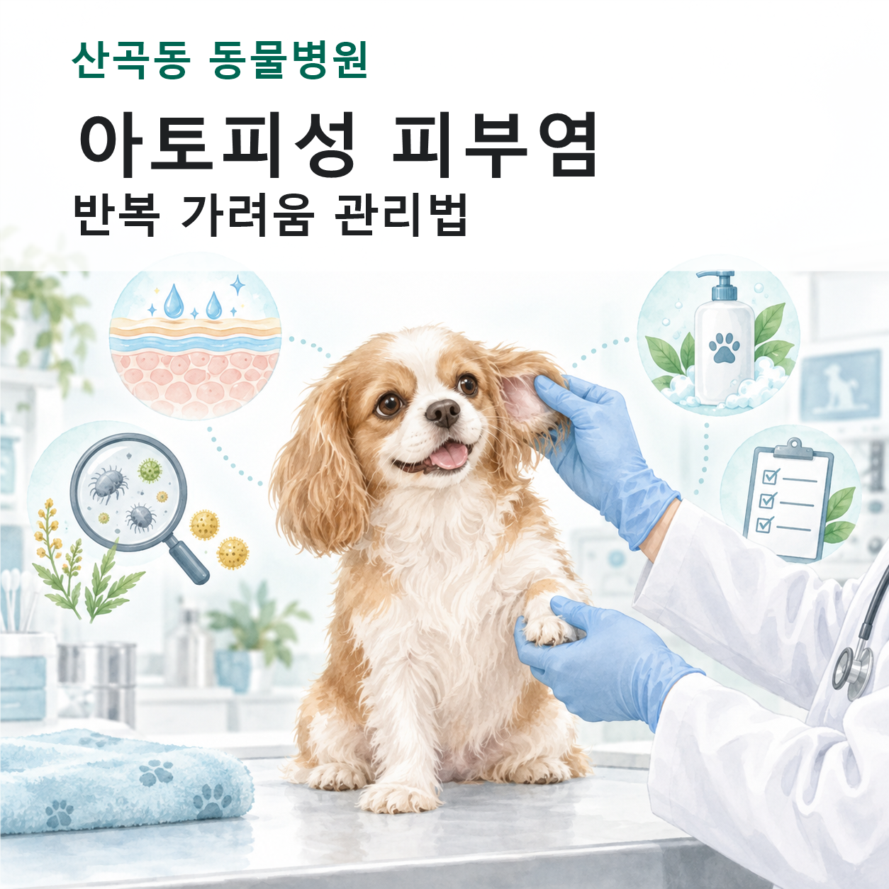 산곡동 동물병원 강아지 아토피성 피부염 관리 안내 일러스트