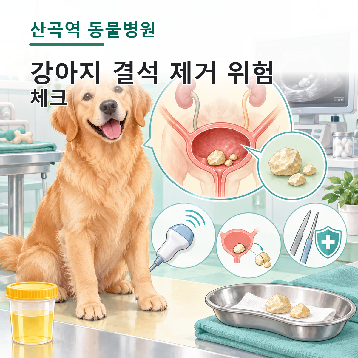 산곡역 동물병원 강아지 결석 제거와 초음파 검사를 설명하는 컬러 의학 일러스트
